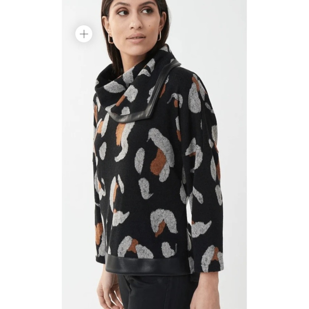 Joseph‎ Ribkoff Animal Print Cowl Neck Sweater Sz 10 Faux Leather Trim Mob Wife